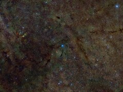 A composite image showing a section of the interstellar medium X-rayed for sulfur (Image source: DSS, DECaPS, eRosita, and NASA; cropped)