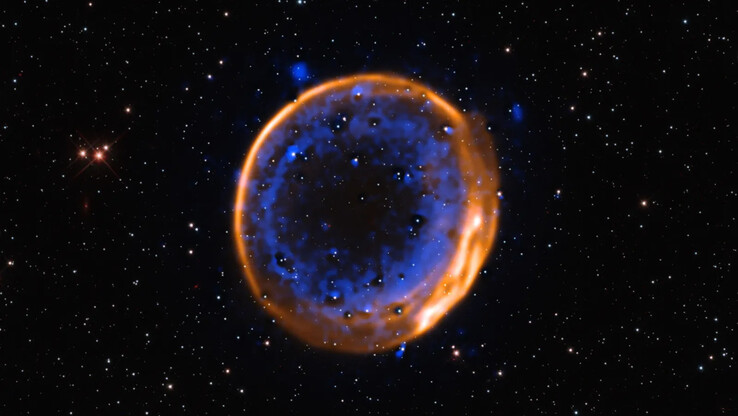 Image of the double-detonation supernova SNR 0509-67.5 as seen by the VLT. (Image source: ESO/P. Das et al. Background stars (Hubble): K. Noll et al.)