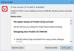 Vivaldi 2.9 update notification (Source: Own)