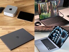 Collage of Apple Mac mini, MacBook Air, and MacBook Pro setups that could resemble the upcoming M5 lineup (Image source: Notebookcheck)