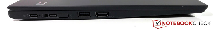 Left-hand side: USB Type-C Thunderbolt 3 x2, Dock connection (integrated with the second USB Type-C port), USB Type-A 3.0, HDMI 1.4b