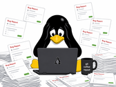 A Tux-style penguin overwhelmed by AI-generated bug reports flooding a Linux developer’s workspace.