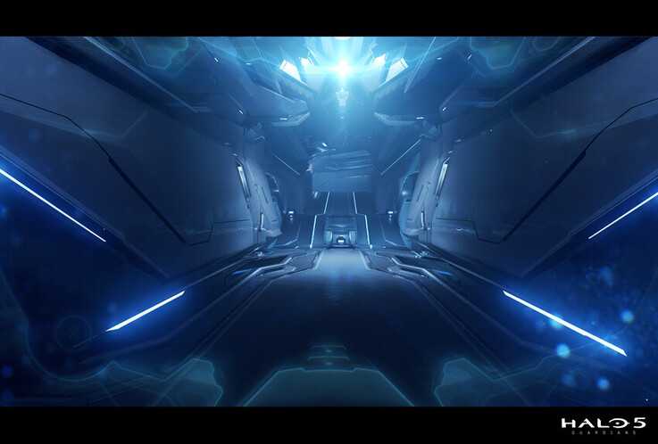 This Halo 5: Guardians corridor scene uses sharp symmetry, luminous accents, and deep perspective to create a sleek futuristic atmosphere.