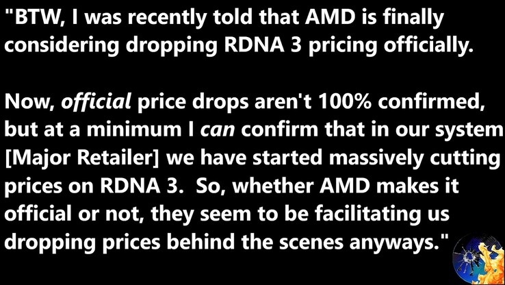 AMD RDNA 3 price cut leak. (Image source: Moore's Law Is Dead on YouTube)