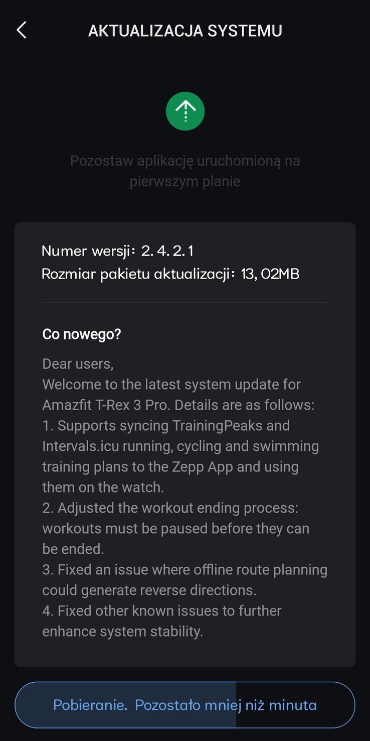 The release notes for software version 2.4.2.1 for the Amazfit T-Rex 3 Pro smartwatch. (Image source: Reddit)