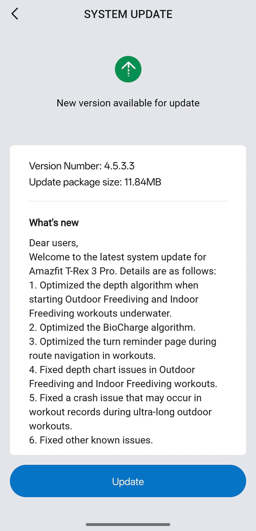 The release notes for software version 4.5.3.3 for the Amazfit T-Rex 3 Pro