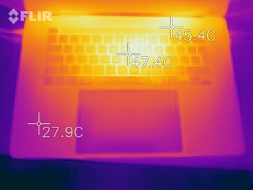 An infrared image shows how our review unit distributes heat and the hottest areas of the top case.