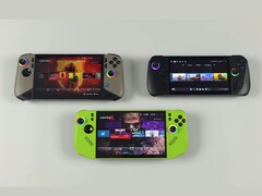 Top-down view of three handheld gaming consoles including the MSI Claw A8, ASUS ROG Ally X, and MSI Claw 8 AI+ (Image source: ETA PRIME via YouTube)