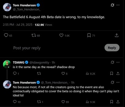 Tom Henderson response to Battlefield 6 open beta start time leak (Image source: screenshot, Tom Henderson X account)