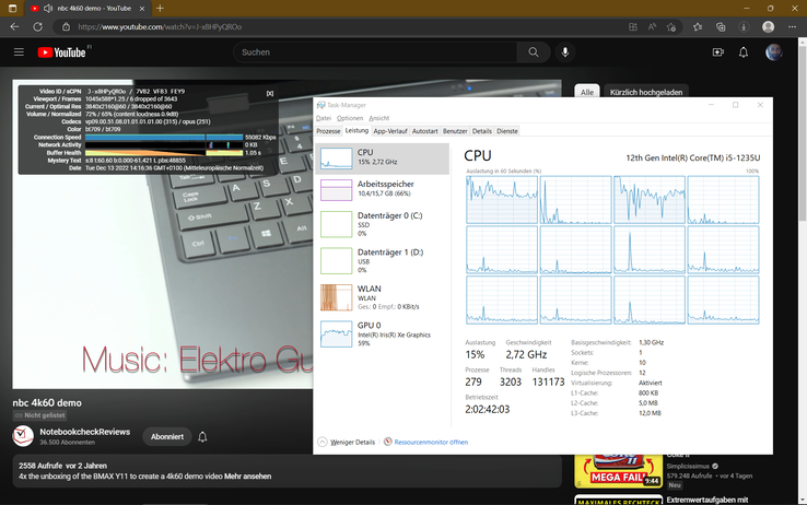 4K YouTube playback: few dropped frames and high utilisation of ~60% on the Intel Xe G7 80EUs