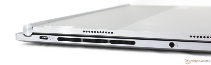 Left (Windows laptop mode only): USB-C 4.0 + Thunderbolt 4 w/ DisplayPort and Power Delivery, 3.5 mm headset