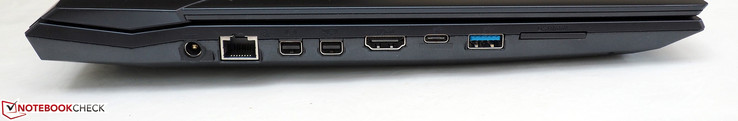 left: DC-in, RJ45-LAN, Mini DisplayPort 1.2, Mini DisplayPort 1.4 (G-Sync), HDMI 2.0, USB-C 3.1 Gen2, USB-A 3.1 Gen2, card reader