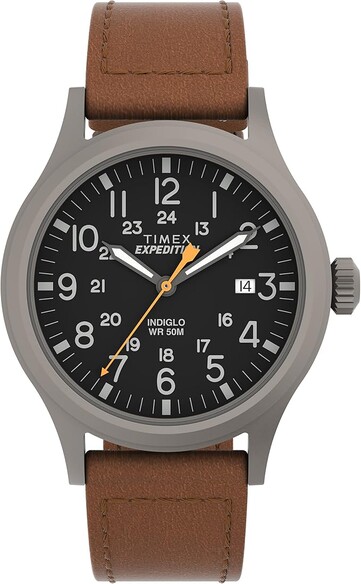 Timex Expedition Scout with a black dial and brown leather strap
