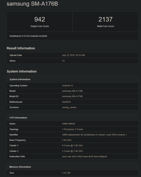 Galaxy A17 Geekbench listing (image source: Geekbench)