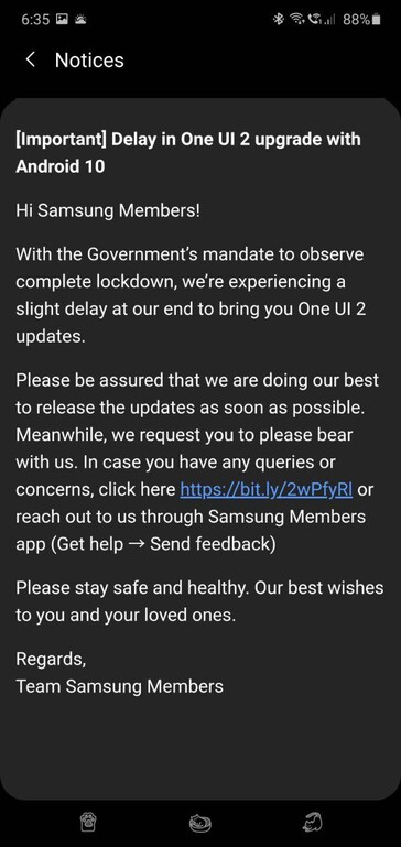 Samsung India's notice on the Members app (image via: own)