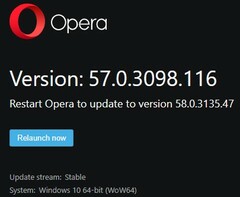 Opera 58.0.3135.7 update notification, new warning for closing windows with multiple tabs (Source: Own)