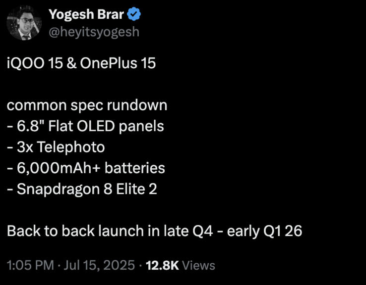 Leaked details of the OnePlus 15 and iQoo 15. (Image source: X)