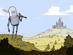Image from the game Feudal Alloy showing a knight with an aquarium head and a castle in the background. (Image source: Steam)