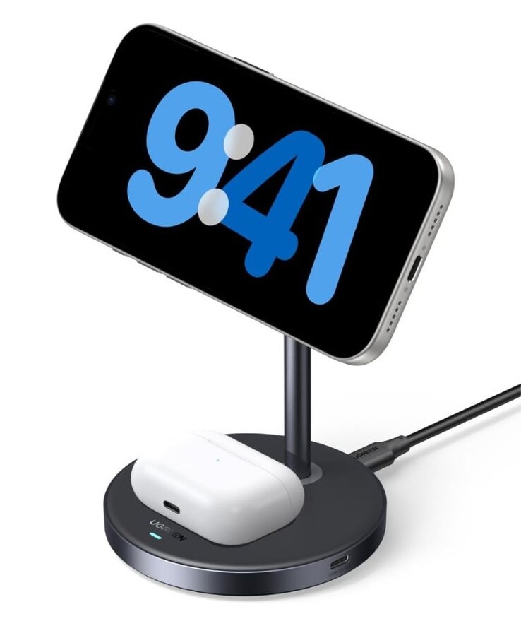 An image of the new Ugreen Zapix Qi2 15W 2-in-1 Wireless Charger.