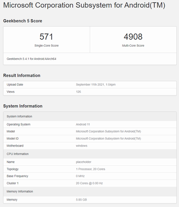 Geekbench listing of Windows 11 Android subsystem on x86. (Source: Geekbench)