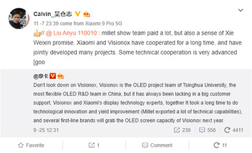 The Mi CC9 Pro's display was made by Visionox.