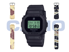 The Casio x Undefeated G-Shock DWE-5600UD-1, with the desert camo strap (left) and the woodland camo strap (right). (Image source: Casio)