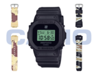 The Casio x Undefeated G-Shock DWE-5600UD-1, with the desert camo strap (left) and the woodland camo strap (right). (Image source: Casio)