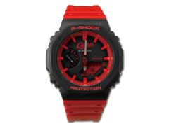 The Carp logo on the Casio G-Shock x Hiroshima Toyo Carp collab watch is accompanied by red indices and accents against a black background. (image source: Great G-Shock World)