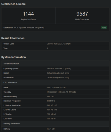 Intel Core Ultra 5 135H Geekbench performance (image via Geekbench)