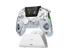 A promotional image for the ManbaOne V2 controller along with the charging stand against a white backdrop. (Image Source: Manba)