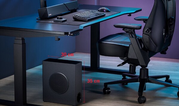 The subwoofer is small enough to fit under or even on top of your desk.