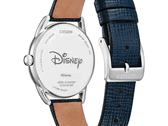 The Citizen FE7097-05W Eco-Drive watch has a navy blue leather strap with a buckle. 