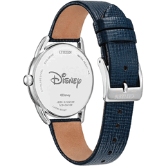 The Citizen FE7097-05W Eco-Drive watch has a navy blue leather strap with a buckle.