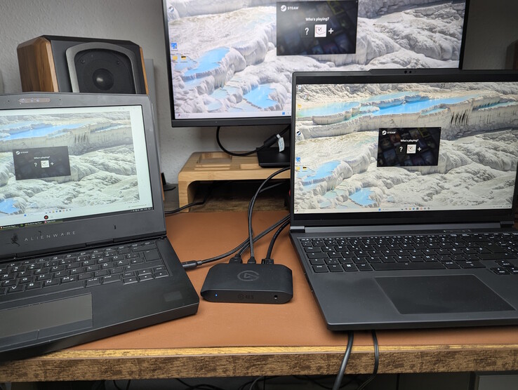Left: Capture PC (Elgato Studio); right: Gaming PC; above: external monitor