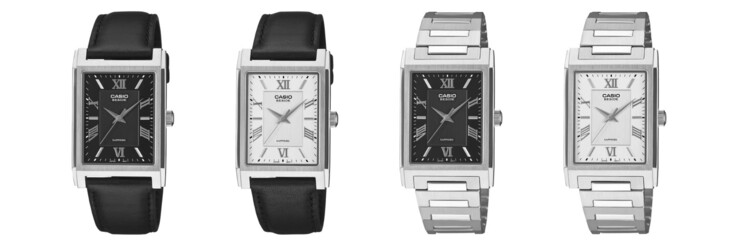 From left to right: the Casio BMS-105D-1A, BMS-105D-7A, BMS-105L-1A and BMS-105L-7A watches