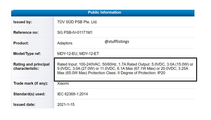 The new Xiaomi power brick's new certification. (Source: Twitter)