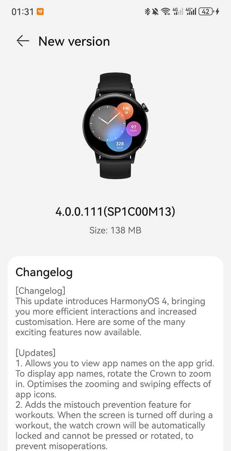 A screenshot of update version 4.0.0.111 (SP1C00M13) for the Huawei Watch GT 3. (Image source: Huawei Central)