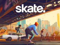 Promotional artwork for Skate depicting in-game characters under a bridge in a big city (image source: EA)