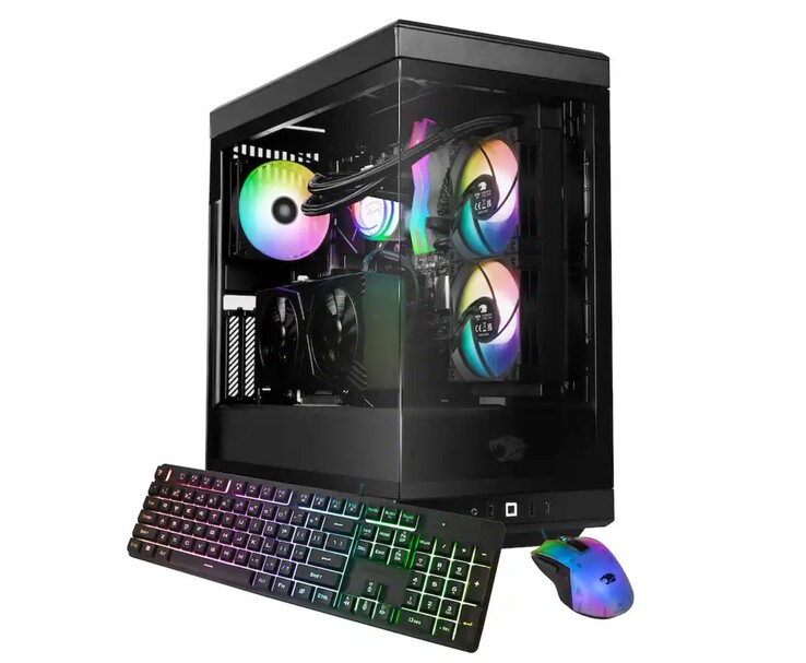 iBuyPower Y40 Gaming PC with transparent side panel showcasing RGB fans, paired with the included RGB Chimera KM7 keyboard and mouse. (Image source: Best Buy)