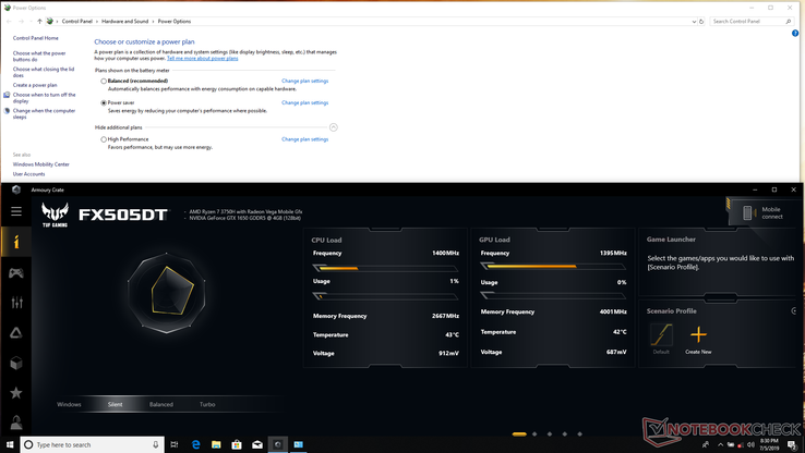 Setting Armoury Crate to 'Silent' will put the Windows Power Options menu to 'Power Saver'