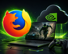 Gaming-Laptop with a Game on its display, brand logos of Geforce Now and Firefox above