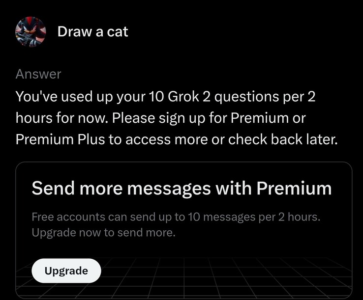 Grok's free tier lets you ask 10 questions per 2 hours. (Image Source: X platform)