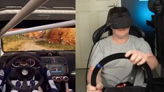 An image of the YouTuber testing the headset in sim racing (Image source: CNCDan; cropped screenshot)