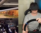 An image of the YouTuber testing the headset in sim racing (Image source: CNCDan; cropped screenshot)