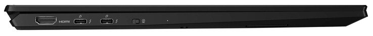 Left side: HDMI, 2x Thunderbolt 4 (USB-C; Power Delivery, Displayport), webcam switch