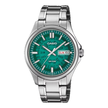 Casio /MTP-E740-3AV featuring a bright teal translucent dial.