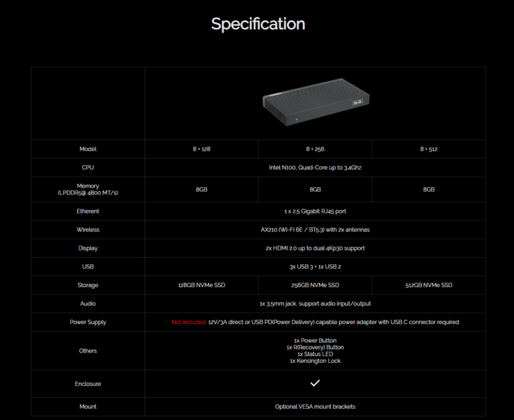 The complete spec sheet for the Palmshell SLiM X4L Mini PC. (Image source: Palmshell)