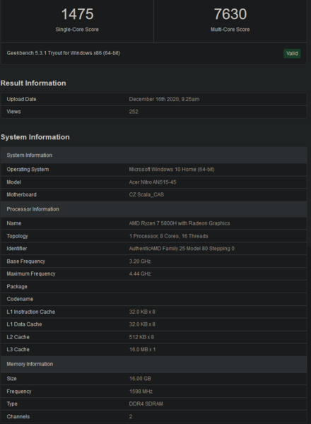 Ryzen 7 5800H scores (Image Sopurce: Geekbench)