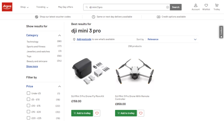The Mini 3 Pro and the Fly More Kit will be available for a combined £1,018. (Image source: Argos)