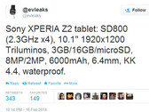 Sony Xperia Z2 Android tablet specs evleaks leak